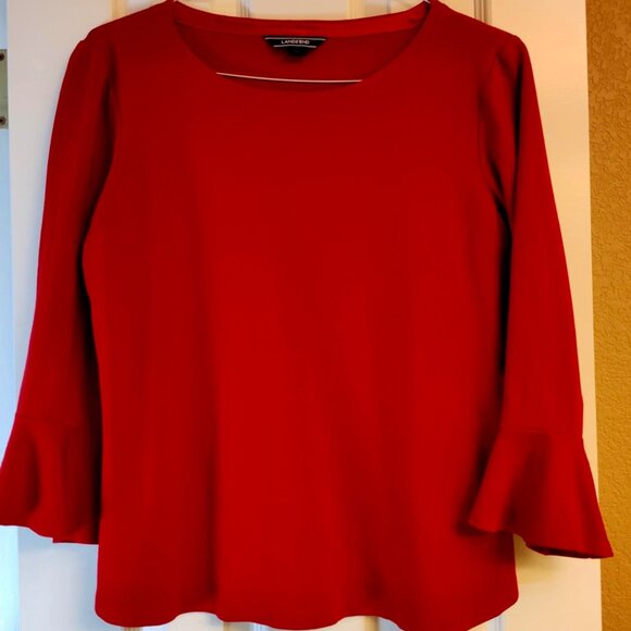 Lands' End Tops - Land's End - 3/4 Flutter sleeve top - Red, size M, 10-12